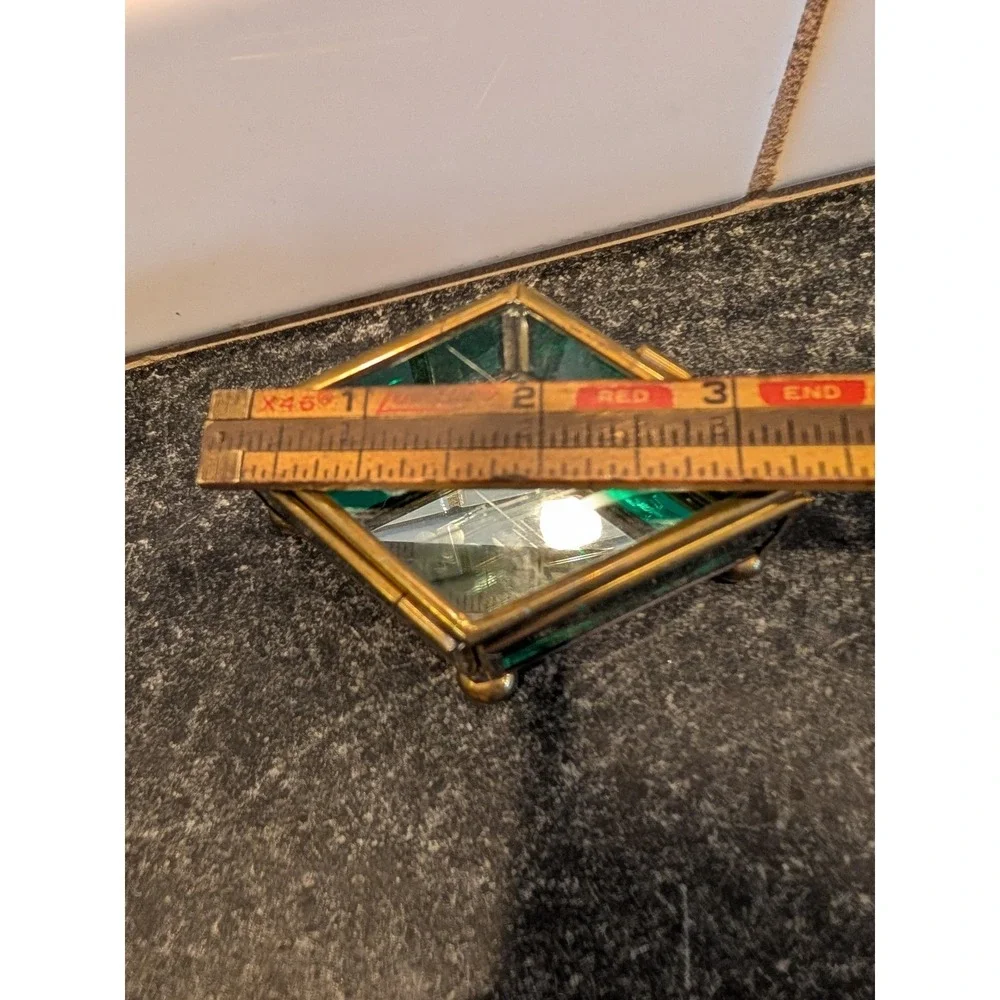 Vintage Mexican Brass Emerald Green Etched Glass Jewelry Trinket Box Mexico